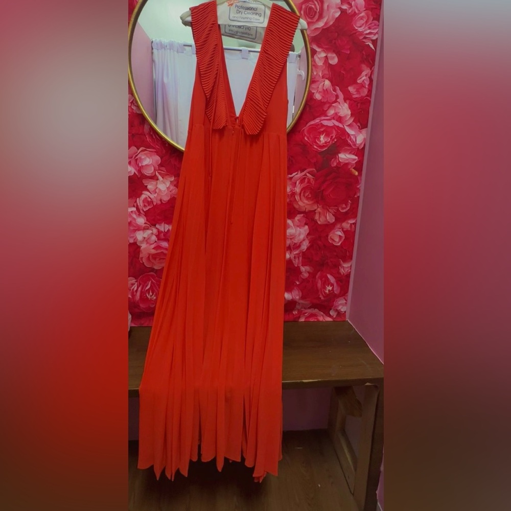 Zara Coral-Red Pleated V-Neck Maxi Dress